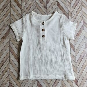 Muslin Henley Shirt White Gauze Short Sleeve Boho Minimalist Top Youth Boy 6-7